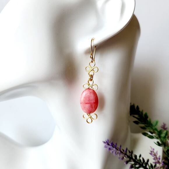 Pink Agate Oval Stone Beads Gold Wire Wrapped Dangle Earrings - Picture 5 of 8